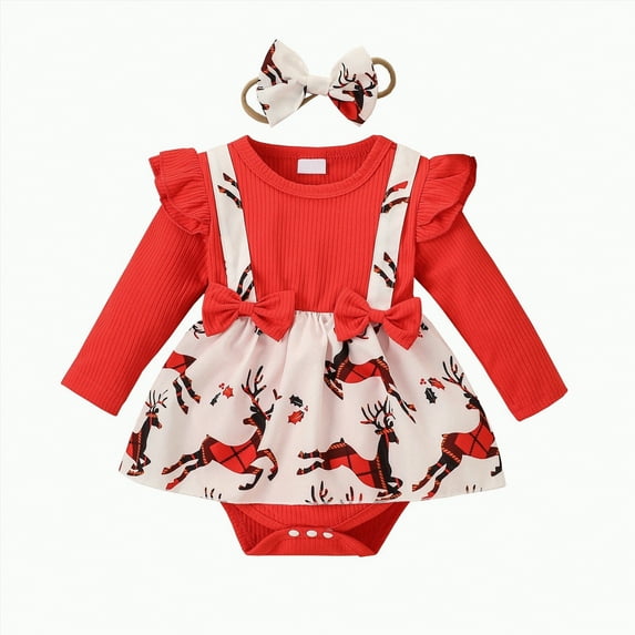 Karoyedx Rompers for Fall Newborn Baby Girl Christmas Fall Winter Outfits Long Sleeve Romper Overall Dress Infant Skirt Clothes Sets Red Size,12-18 Months