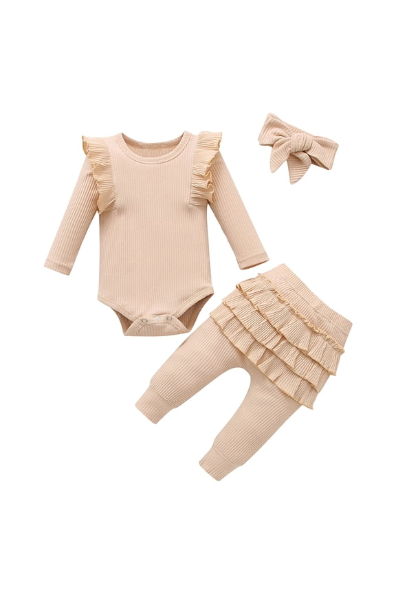 Rompers for Baby Newborn Baby Girls Clothes Infant Ribbed Knit Romper Tops and Bell-Bottoms Headband Clothing Sets Beige Size,6-12 Months
