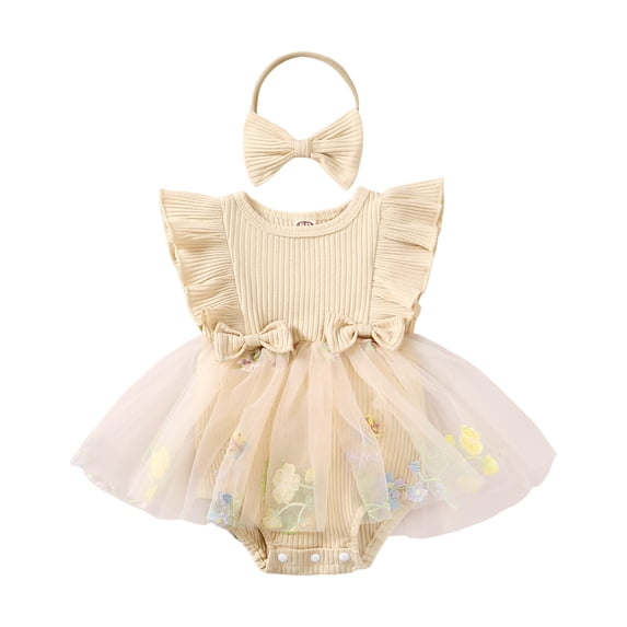 Karoyedx Rompers for Toddler Baby Girl Clothes Newborn Romper Dress Infant Lace Ruffle Sleeveless Summer Outfits with Headband Beige Size,0-3 Months