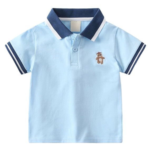 Karoyedx School Shirts for Boys Toddler Baby Boys Girls Embroidery Polo Shirt Striped Print Short Sleeve Lapel Button Down Shirts Summer Clothes Blue Size,4-5 Years