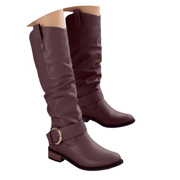 Karoyedx Shoes for Women Knee High Boots Women Square Toe Pull On Wide Calf Riding Fashion Buckles Chunky Metallic Casual Vintage Buckle Brown Size,7.5