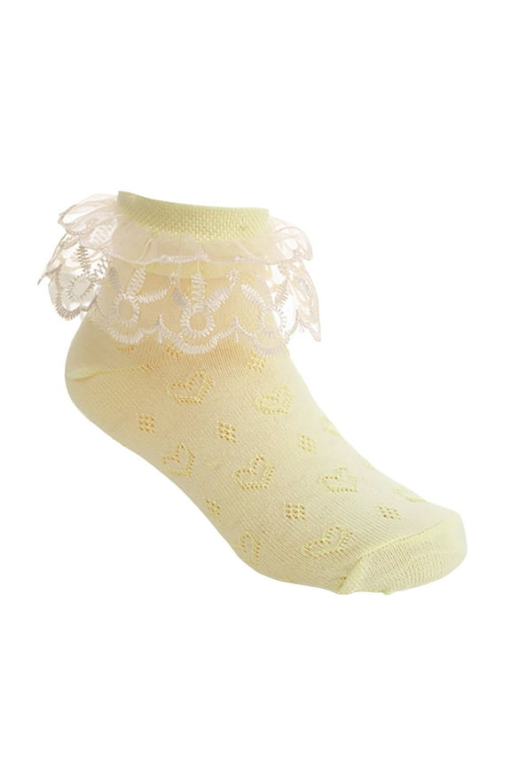 Socks for Toddlers Toddler Girls Ruffle Socks Double Lace Frilly Princess Dress Socks Cotton Anti-slip Ankle Socks for Kids Yellow Size,4-6 Years