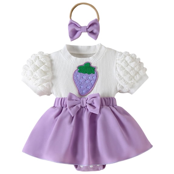 Karoyedx Spring Baby Girl Clothes Baby Girl Summer Clothes Cute Fruit Embroidery Ruffle Smocked Romper Newborn Girls Bodysuit Dress Purple Size,12-18 Months