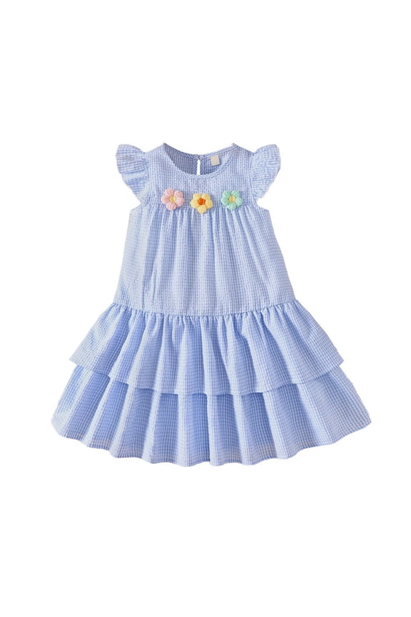 Spring Dress for Girls Summer Dress Kids Ruffle Sleeve Square Neck Smocked Dresses Tiered Midi Sundress Blue Size,7 Years