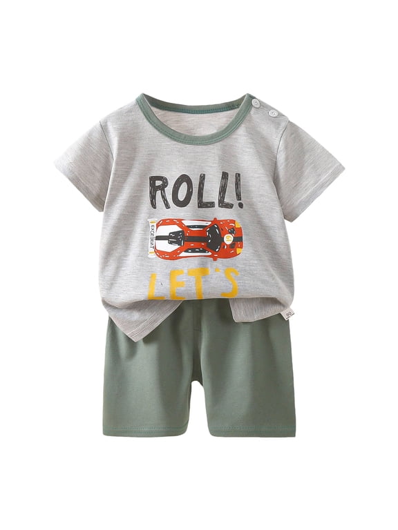 Summer Outfits for Boys Toddler Baby Boy Summer Clothes Short Sleeve Print Shirt and Elastic Waist Shorts Sets Summer Outfit 2Pcs Grey Size,6-9 Months