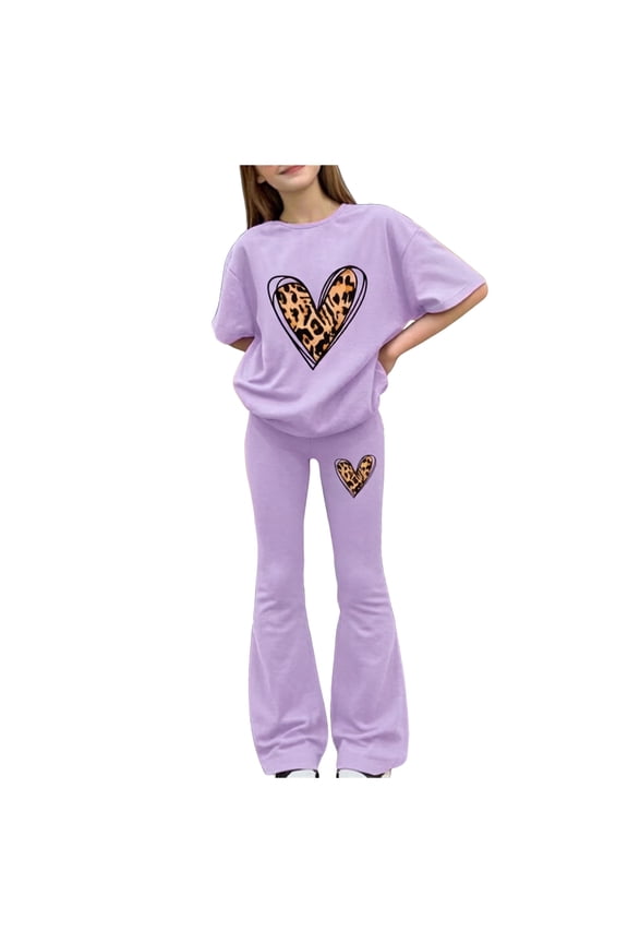 Summer Outfits for Little Girls Short Sleeve Top and Straight Leg Pants Set Casual Summer Outfit Soft 2 Piece Daily Wear Purple Size,10Y