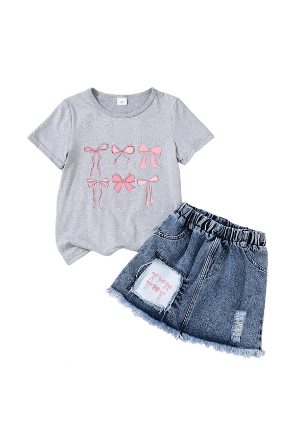 Teen Girl Clothes Girls Clothes Toddler Little Girl 2 Piece Summer Outfit T Shirt + Denim Skirt Set Q Size,6-7 Years