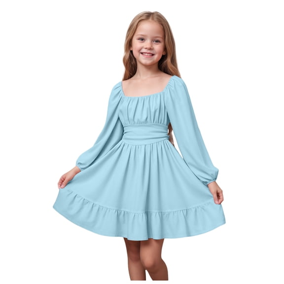 Karoyedx Teen Girl Dresses Girls Fall Dress Long Sleeve Dresses Smocked Ruched Square Neck Tiered Flowy Casual Dress Light Blue Size,13-14 Years