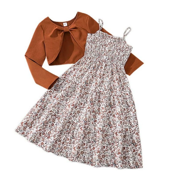 Karoyedx Teen Girl Dresses Girls Outfits & Sets Casual Beach School Party Wear Sleeveless Bow Print Dress With Solid Color Long Sleeve Ribbed Cardigan Brown Size,7-8 Years