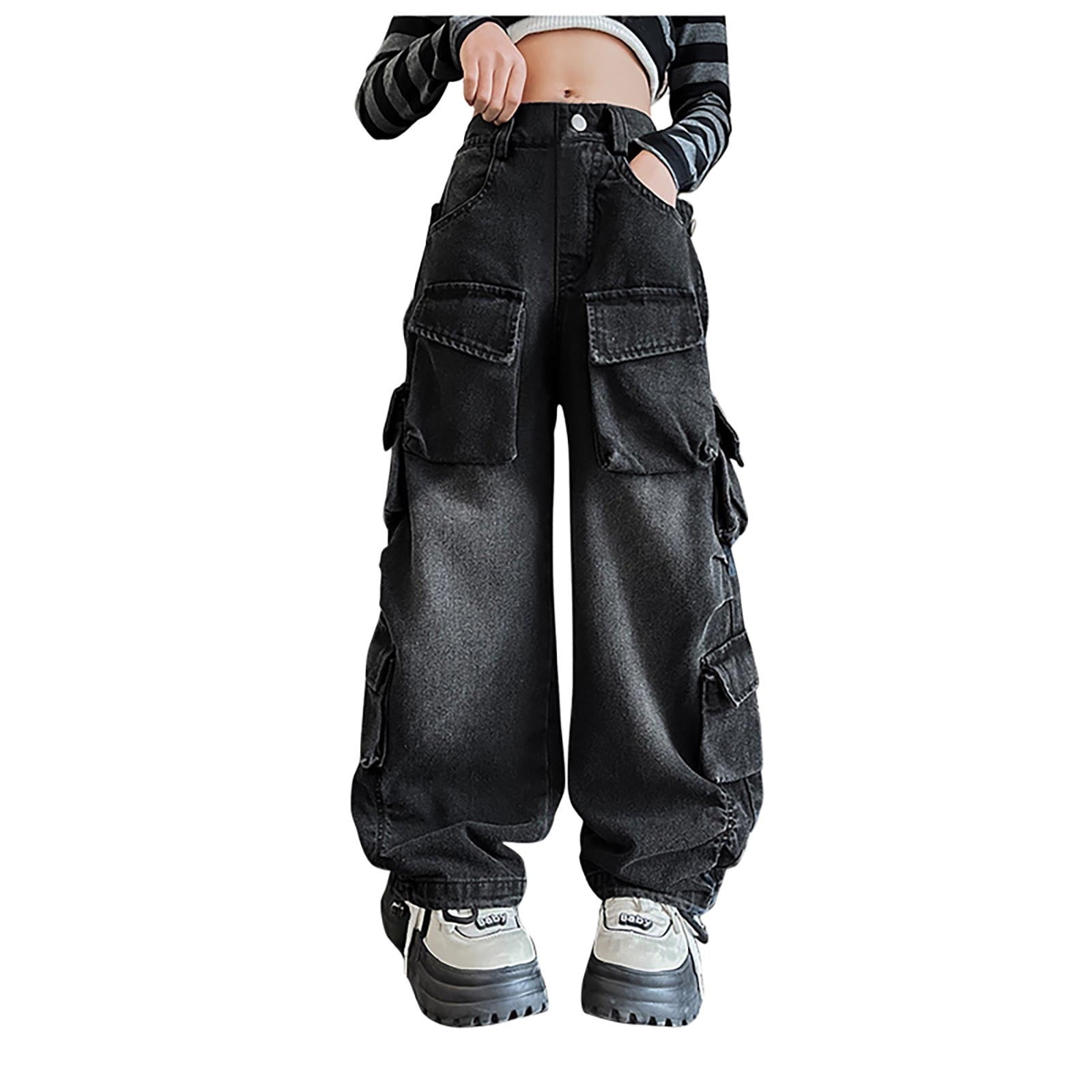 Karoyedx Teen Girls Clothes Tween Girls Cargo Jeans Y2K Solid Washed Zipper Fly Baggy Wide Leg Denim Pants with Flap Pockets Black Size,8-9Y