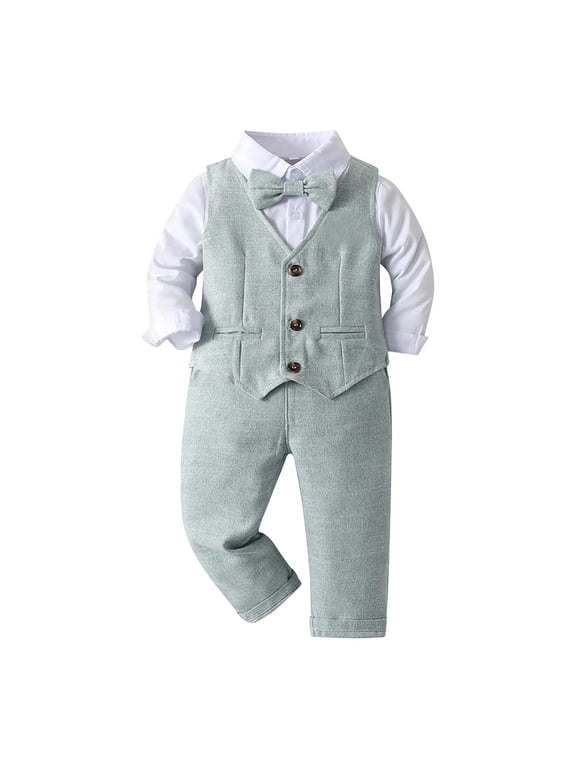 Toddler Boys Christmas Suit Toddler Boy Suit Formal Wedding Outfits Gentleman Clothes Long Sleeve Shirt + Suspender Pants + Bowtie Mint Green Size,12-18 Months