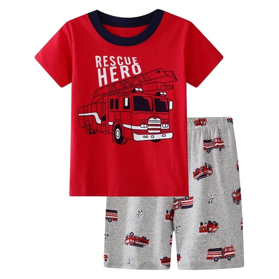 Karoyedx Toddler Boys Summer Outfits Toddler Baby Boy Clothes Summer Short Sleeve Trucks Tractors Print T-Shirt Tops Solid Color Shorts Set Casual Outfit Red Size,4-5 Years