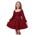thumbnail image 1 of Karoyedx Toddler Fall Dress Girls Fall Dress Long Sleeve Dresses Smocked Ruched Square Neck Tiered Flowy Casual Dress Red Size,7-8 Years, 1 of 7