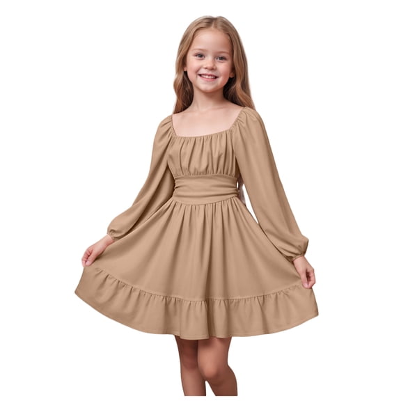 Karoyedx Toddler Girl Dresses Girls Fall Dress Long Sleeve Dresses Smocked Ruched Square Neck Tiered Flowy Casual Dress Khaki Size,5-6 Years