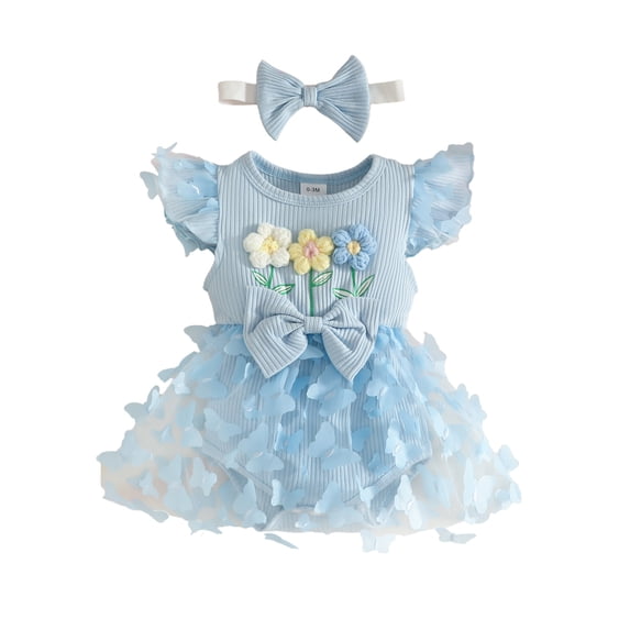 Karoyedx Toddler Girl Rompers Newborn Baby Girl Summer Romper Dress Infant Fly Sleeve Flower Embroidery Mesh Tulle Skirt Hem Ribbed Bodysuit Sky Blue Size,12-18 Months
