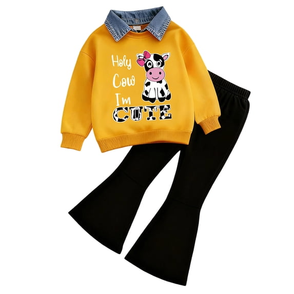Karoyedx Toddler Girl Spring Outfits 2 Piece Fall Outfit Girls Sweatshirt and Flared Pants Set Long Sleeves and Practical Pants Pockets for School Days Q Size,6-7 Years