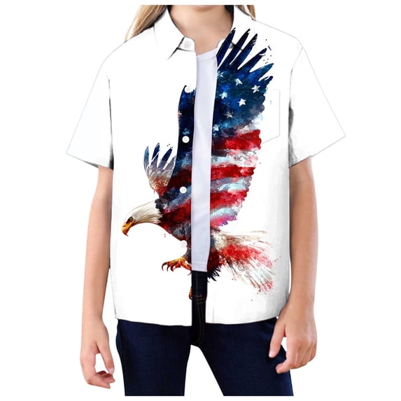 Karoyedx Toddler Girls 4th Of July Outfit Boys Girls 4th of July Shirt Hawaiian Button Down Shirts Kids Summer Short Sleeve Tops American Flag Patriotic Shirt Light Blue Size,7-8 Years