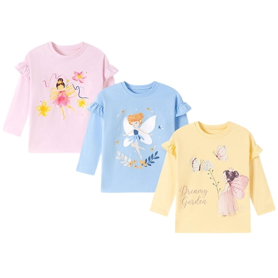 Karoyedx Toddler Girls Clothes 3 Pack Girls Cotton Crewneck Long Sleeve T-Shirts with Cute Animal Floral Printed Casual Tees for Everyday Light Blue Size,5 Years