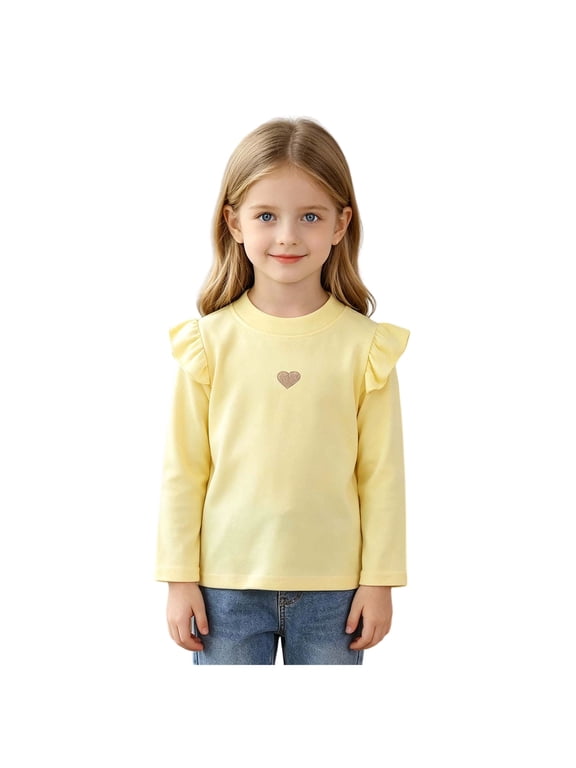 Toddler Girls Long Sleeve Blouses Baby Girls Lace T Shirt Toddler Long Sleeve Blouse Infant Ruffle T-Shirt Casual Top Tees Yellow Size,6-12 Months