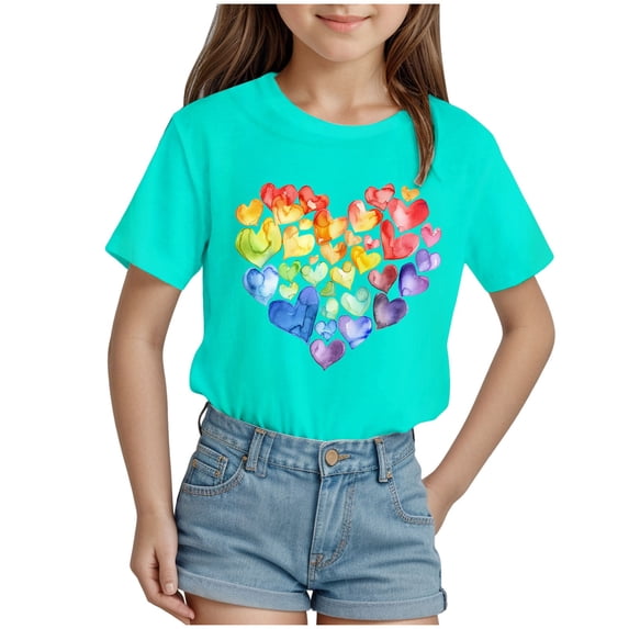 Karoyedx Toddler Girls Summer Clothes Toddler Girls Shirt Cute Flower Heart Print Tshirt Kids Outfits Short Sleeve Tees Tops Light Green Size,7-8 Years