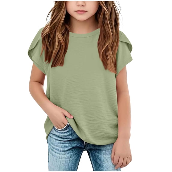 Karoyedx Toddler Girls T Shirts Girls Ruffle Short Sleeve Tops Kids Crewneck T Shirts Summer Basic Tees Blouses Green Size,11-12 Years