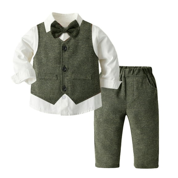 Karoyedx Toddler Kids Baby Boys Formal Suit Gentleman Outfit Long Sleeve Shirt with Bowtie   Vest   Pants Green Size,6-12 Months