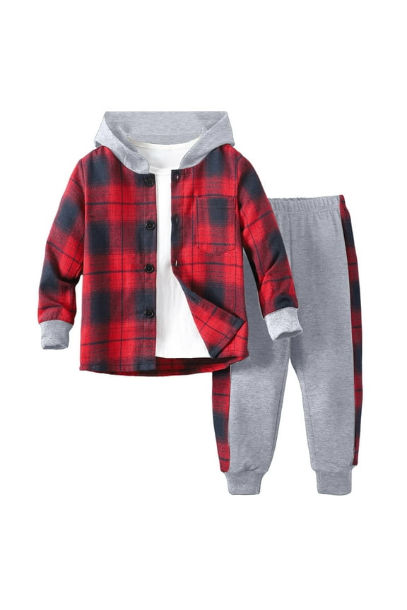 Toddler School Clothes Kids Toddler Boy Clothes Plaid Hooded Shirt and Solid Color Pants 2Pcs Winter Boys Outfits Red Size,3-4 Years