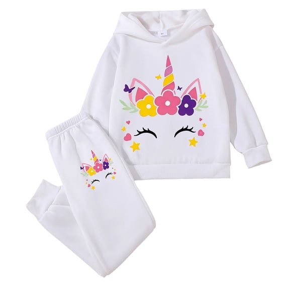 Karoyedx Toddler Spring Outfits for Girls Toddler Girls Clothes Cartoon Pattern Print Sweatshirt Hoodie Sports Pants 2PC Girl Fall Winter Clothing Set White Size,5-6 Years