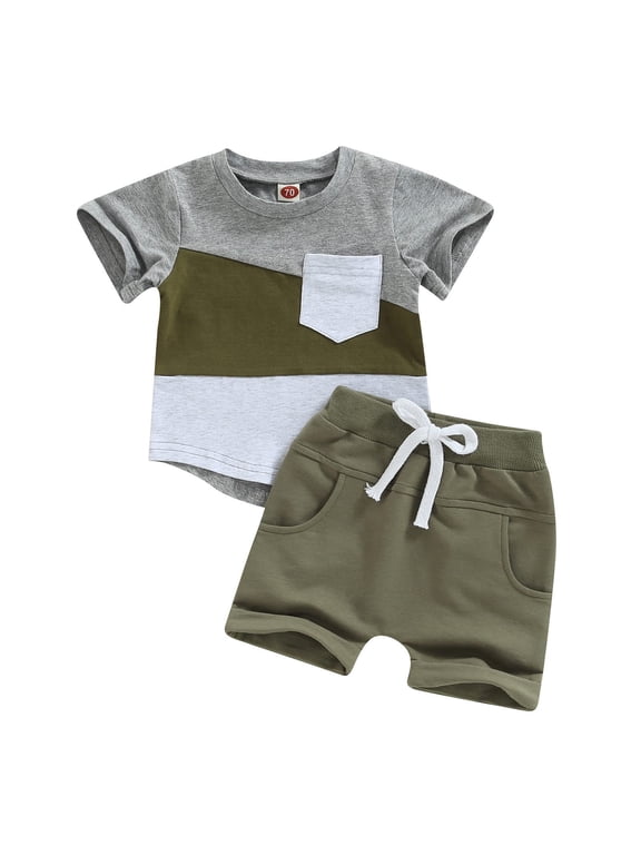 Toddler Summer Outfits Boy Baby Boy Clothes Toddler Boy Summer Outfits Short Sleeve Patchwork Top T-shirt & Pocket Pant Set 2 Piece AG Size,2-3 Years