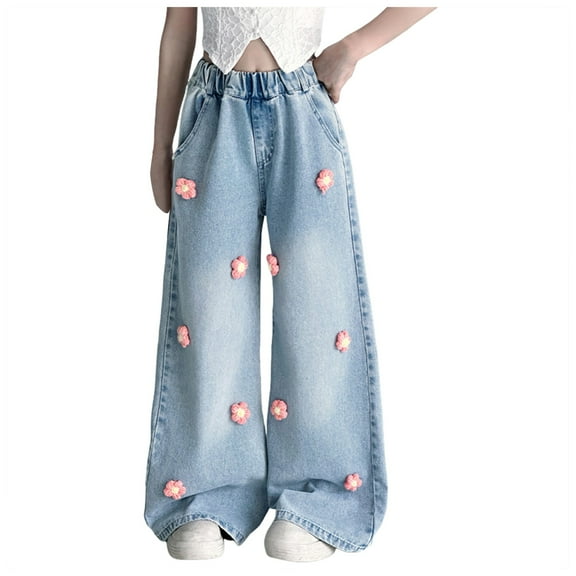 Karoyedx Tween Girls Baggy Jeans- Waistband Wide Leg Denim Pants with Heart Embroidery, Streetwear for Girls Pink Size,7-8 Years