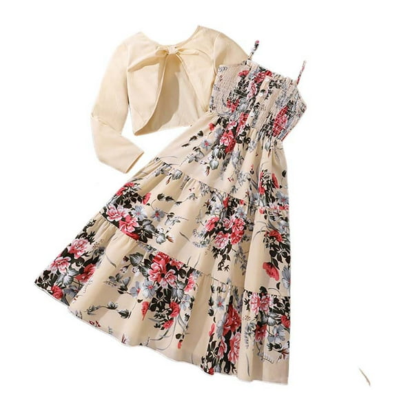 Karoyedx Tween Girls Dresses Girls Outfits & Sets Casual Beach School Party Wear Sleeveless Bow Print Dress With Solid Color Long Sleeve Ribbed Cardigan Beige Size,7-8 Years