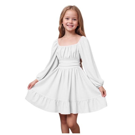 Karoyedx Winter Dresses Girls Fall Dress Long Sleeve Dresses Smocked Ruched Square Neck Tiered Flowy Casual Dress White Size,5-6 Years