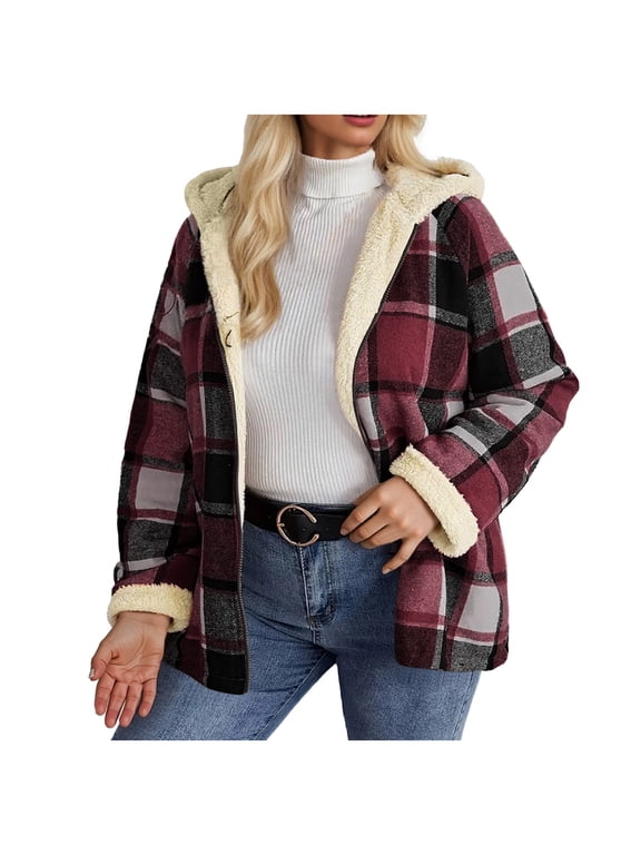 Winter Fleece Jackets for Women Casual Winter Fleece Jackets for Women Winter Women's 2025 Double Breasted Lapel Neck Flannelette Coat, Warm Outwear Jackets Wine Size,S
