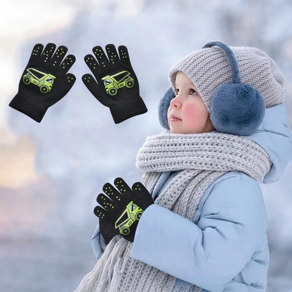 Karoyedx Winter Gloves Kids Snow Gloves Children's Gloves Car Excavator Cute Cartoon Gloves Warm Gloves B Size,One Size