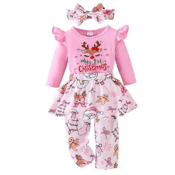 Karoyedx Winter Outfits for Girls Newborn Baby Girl Clothes Infant Ruffle Romper Pants Set Fall Winter Outfits Cute Baby Clothes for Girls Pink Size,12-18 Months