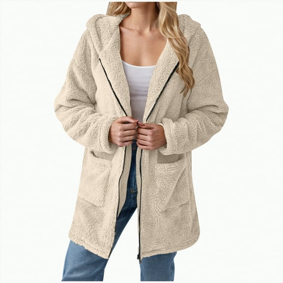 Karoyedx Women Fleece Coat Winter Womens Fuzzy Jacket Hooded Fall Winter Casual Warm Fleece Cardigan Long Open Front Sherpa Coat Outwear Trendy Beige Size,S