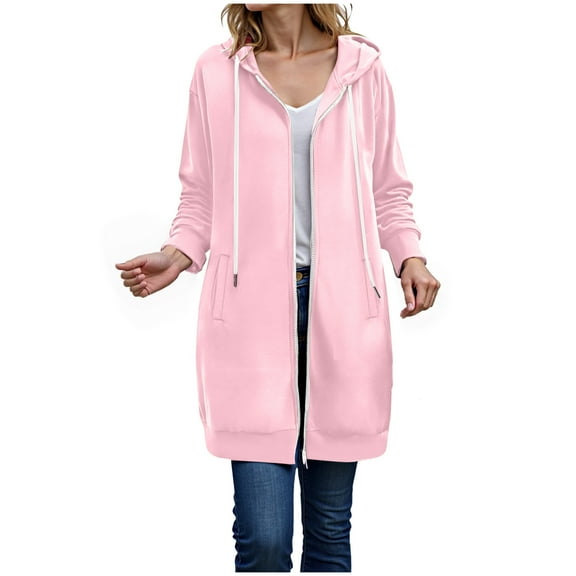 Karoyedx Women Hoodies With Zipper Women's Zip Up Hoodies Oversized Fleece Long Sleeve Sweatshirts Casual Fall Jacket Coat with Pocket Pink Size,M