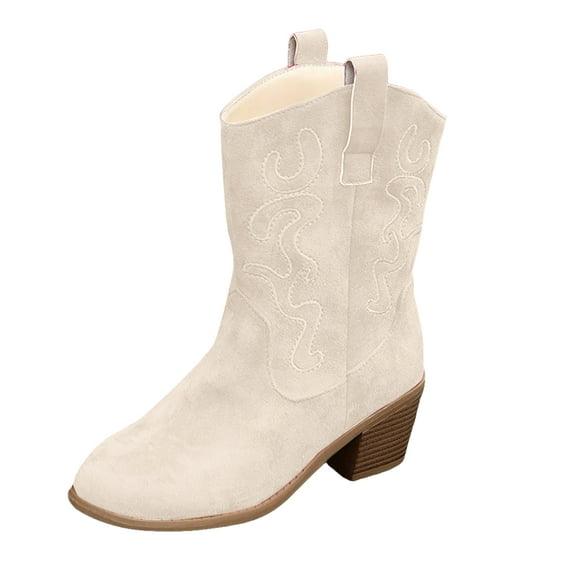 Karoyedx Women's Booties Cowboy Boots For Women Western Cowgirl Boots Mid Calf Snip Toe Boot With Chunky Heel White Size,8.5