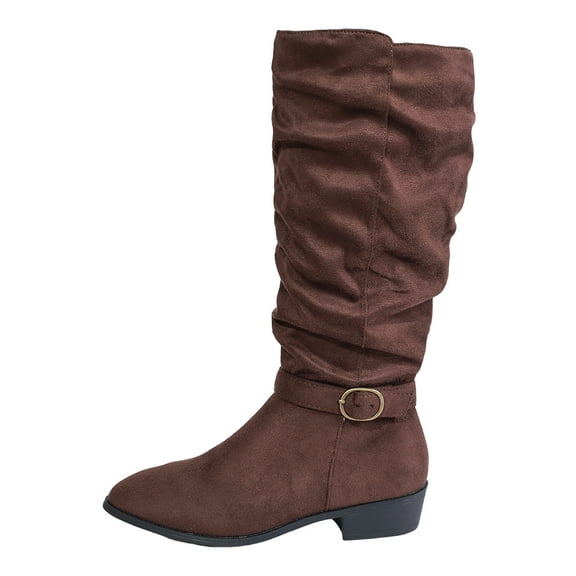 Karoyedx Womens Boots Mid Calf Knee High Boots Women Square Toe Pull On Wide Calf Riding Fashion Buckles Chunky Metallic Casual Vintage Buckle Rivet Brown Size,6.5