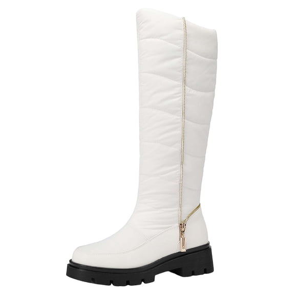 Karoyedx Womens Cowgirl Boots Knee High Boots for Women Square Toe Chunky Block Heel Tall Boots Comfortable Low Heel Pull On Mid-Calf Boot White Size,7.5