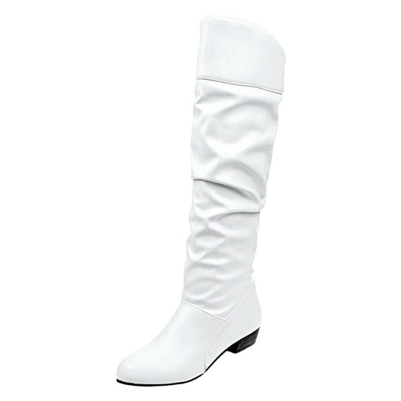Karoyedx Womens Cowgirl Boots Women's Knee-High Boots Comfortable Flat Low Heel Round Toe Stretchy Suede Slouch Boots with Side Zipper White Size,9