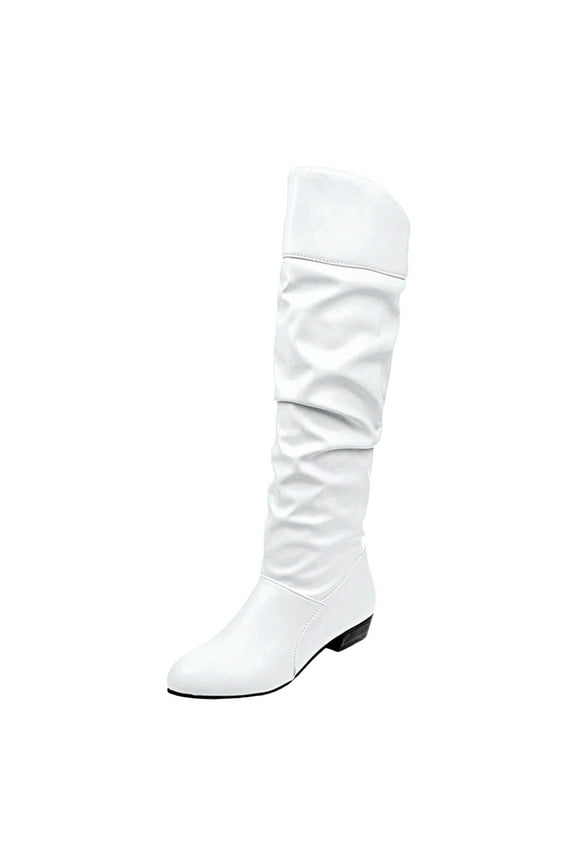 Womens Cowgirl Boots Women's Knee-High Boots Comfortable Flat Low Heel Round Toe Stretchy Suede Slouch Boots with Side Zipper White Size,9