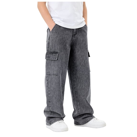 Karoyedx Y2k Jeans Boys Baggy Jeans Boys Y2K Straight Wide Leg Denim Pants Kids Casual Loose Trousers Pockets Streetwear Vintage Jeans Dark Gray Size,13-14 Years
