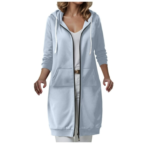 Karoyedx Zip Up Sweatshirt Women Long Hoodies for Women Zip Up Double Zipper Fleece Jacket Tunic Sweatshirts Fall Winter Fashion Clothes Light Blue Size,XXL