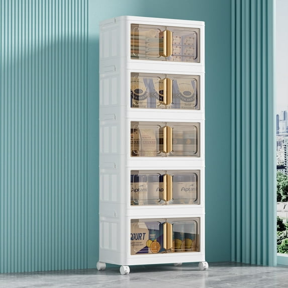 Karramlili Storage Bins with Lids - 5-Tier 193QT Closet Organizer Stackable Bathroom & Bedroom Boxes, Space-Saving Storage Box with Handles & Wheels for Toilet, Dorm, Home Organization