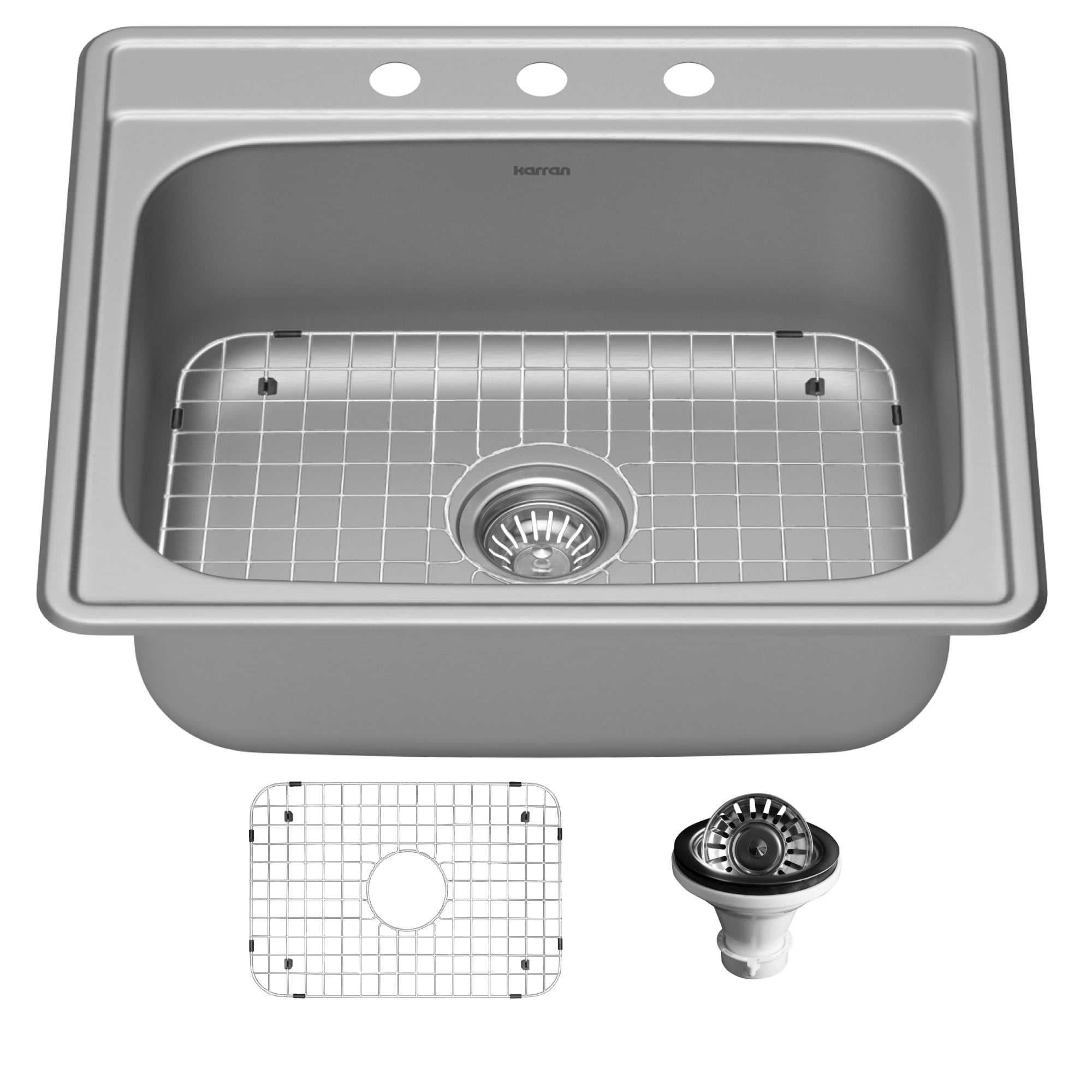Karran 25" Satin Brushed Stainless Steel Single Bowl Kitchen Sink Kit