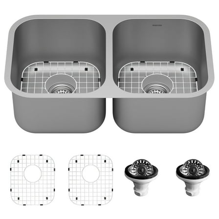 Karran 32" Undermount 16-Gauge Stainless Steel 50/50 Double Bowl Kitchen Sink Kit