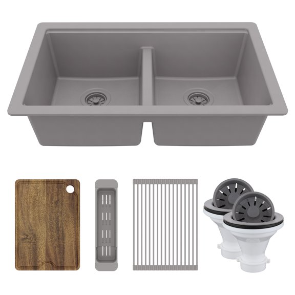 Karran 32" Undermount Double Bowl Quartz Kitchen Sink Kit in Grey