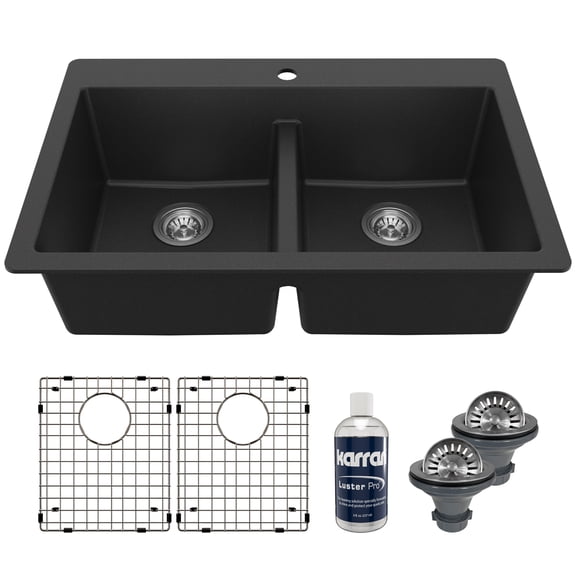 Karran 33" Top Mount Double Bowl 50/50 Quartz Kitchen Sink Kit in Black
