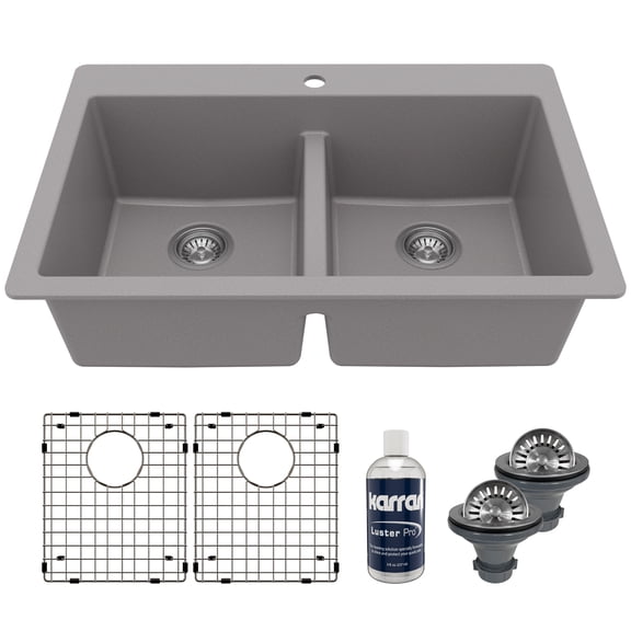 Karran 33" Top Mount Double Bowl 50/50 Quartz Kitchen Sink Kit in Grey